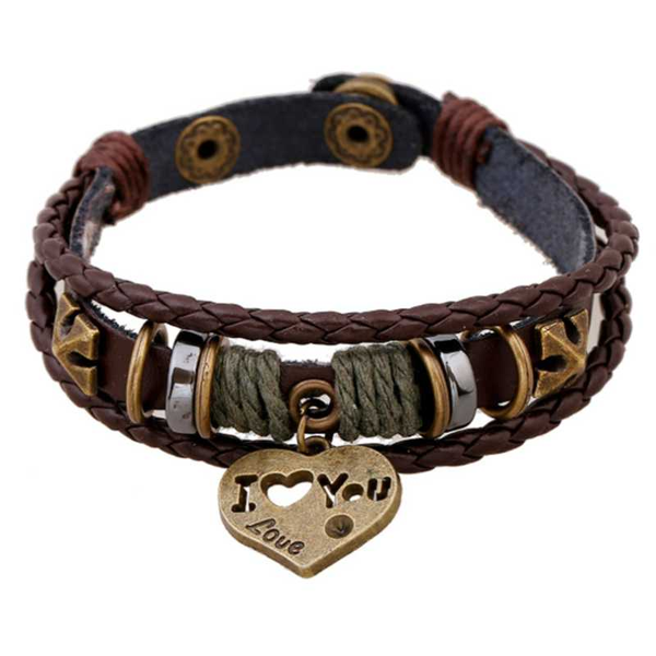 

new personality retro beaded leather bracelet peach heart cowhide men's and women's fashion bracelet, Golden;silver