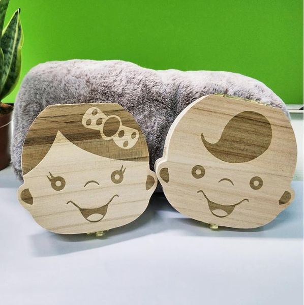 

wooden baby kids tooth storage box english/spanish/french/russian/italian teeth umbilical lanugo organizer gift keepsakes save