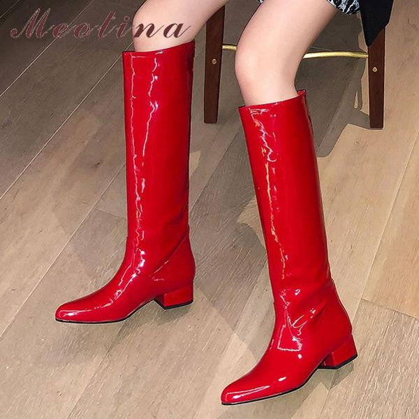 

meotina long boots women shoes genuine leather mid heel knee high boots pointed toe chunky heels fashion lady black red 40