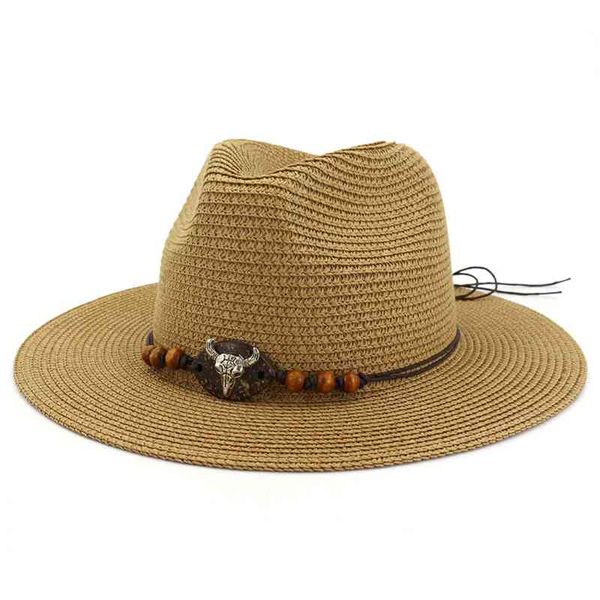 

wzcx 2020 new wooden beads solid color casual tide straw hat summer solid color wide brim beach hat women's cap, Blue;gray