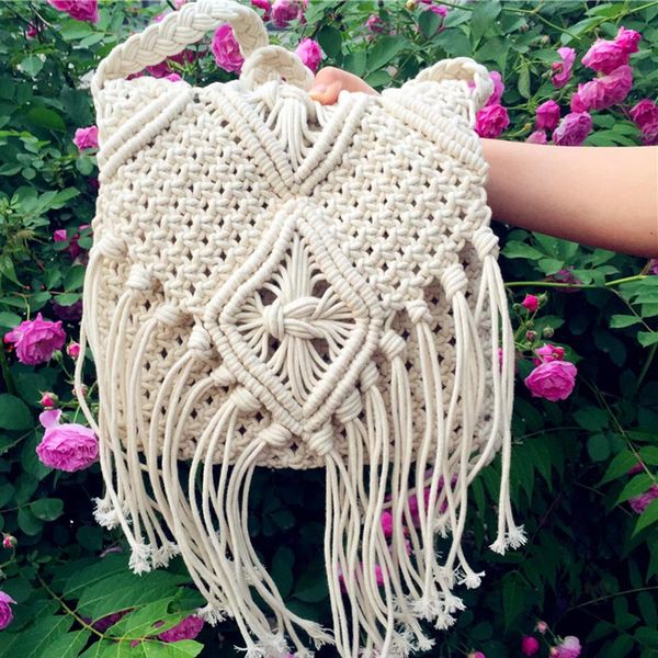 

fashion white handmade cotton rope hollow out woven tassel bag trend women's handbag straw shoulder bag for ladies