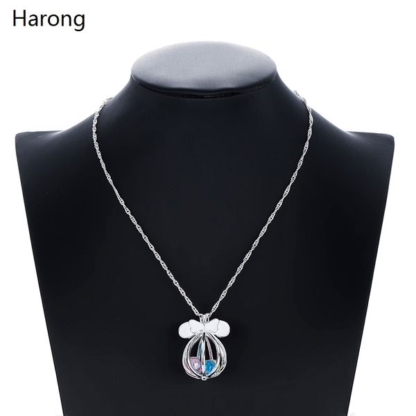

Animation Pearl Pendants Necklace Cute Mouse Bead Cage Detachable Long Chain Girl Woman Gift Jewelry Accessories, Silver