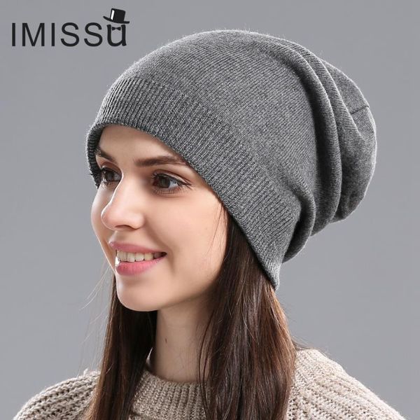 

beanie/skull caps imissu design fashionable autumn winter hats knitted real wool beanie solid colors ski gorros casual warm muts hat, Blue;gray