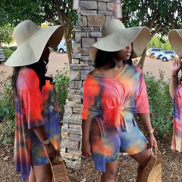 

summer women two pieces set tracksuits fitness o neck shorts suits night joggers tie dye print sporty outfits gl8224, Gray