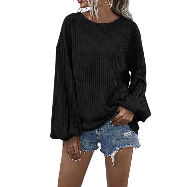 

women solid knitted blouse female lantern sleeve round neck shirts s-xl, White