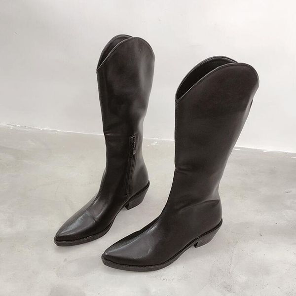

new 2020 black brown beige pointed toe thick motorcycle boots for women long spring autumn boots high heel shoes t513-5