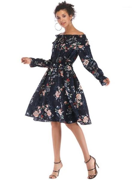 

slash neck long sleeve womens designer dresses casual females clothing floral print womens designer dresses sexy, Black;gray