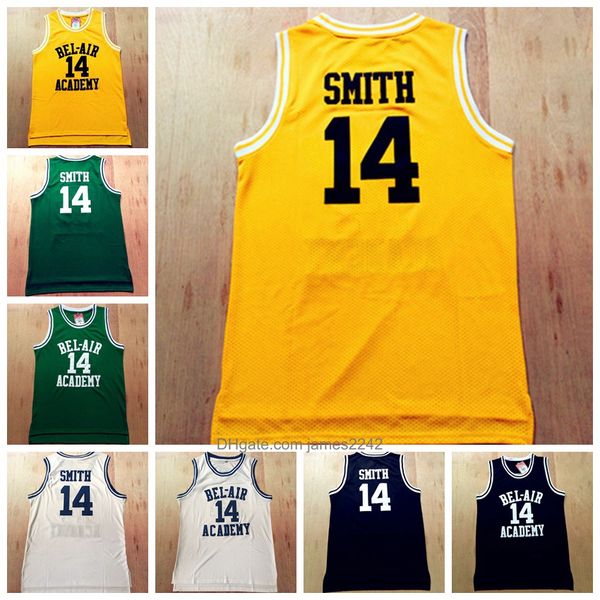 

movie men's the fresh prince of bel-air 14 will smith basketball jersey white black green yellow stitched academy jerseys size s-2xl, Black;red