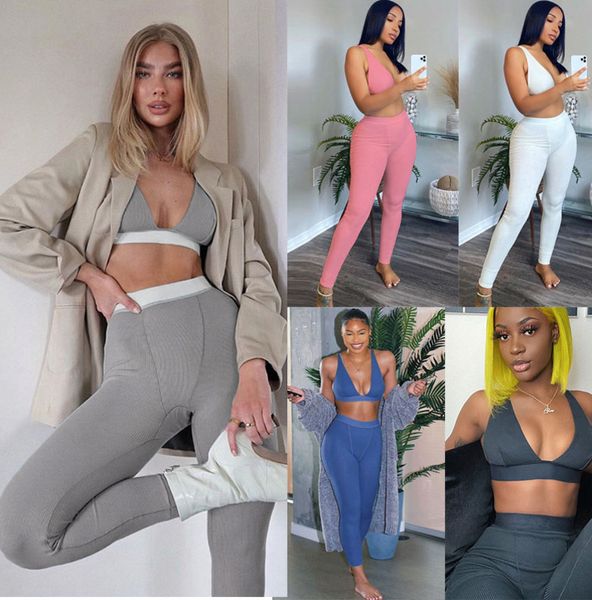 

women tracksuits sport 2 two piece set deep v bra high waist leggings pants suit casual sportswear jogging nightclub clothing, Gray