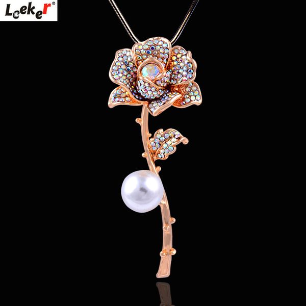 

leeker gold color rhinestone rose flower pendant long necklace snake chain women statement jewelry 462 lk4, Silver