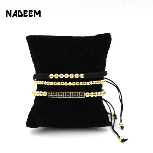 

nadeem anil arjandas brand 3pcs/sets men's pave setting black cz bar bracelet with 5mm copper bead braiding macrame bracelet set, Golden;silver