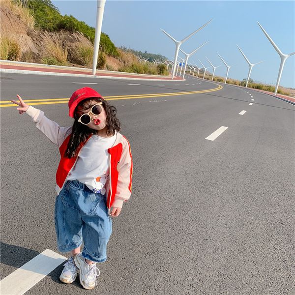 

2020 korea style fashion girls patchwork coat full sleeve spring kids girls jacket 1-6t, Blue;gray