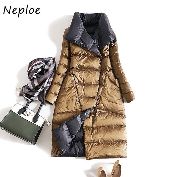 

neploe chic panelled double pockets down coats 2020 fall winter down jacket women stand collar slim fit white duck, Black