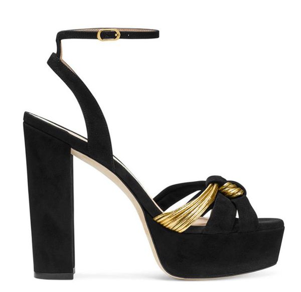 

women elegant open toe high platform chunky heel bowtie sandals gold patchwork thick high heel sandals dress shoes, Black