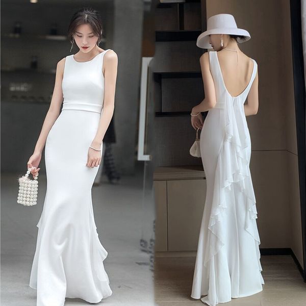 

2020 elegant simple white mermaid evening dresses floor length backless ruffle prom dress women formal party wear bridal gowns, Black;red