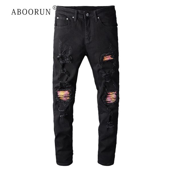

aboorun hi street men's skinny ripped jeans black patchwork biker jeans brand motorcycle trousers, Blue