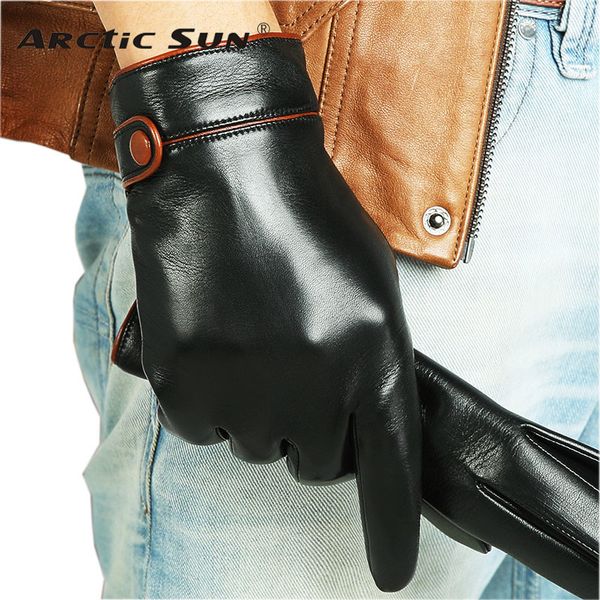 

fashion men gloves touchscreen wrist solid genuine leather goatskin winter glove plus velvet limited t200915, Blue;gray