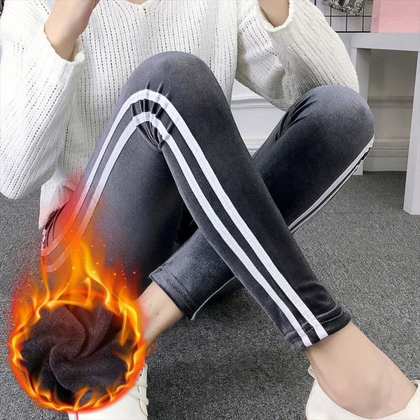 

леди вскользь боковые активный износ полосатые гетры зимы бархатные меховые штаны толстый теплый тощий леггинсы тонкий подходит карандаш брю, Black