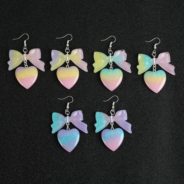 

dangle & chandelier 1pair cute heart drop earrings resin gradient bow for women birthday gifts jewelry, Silver