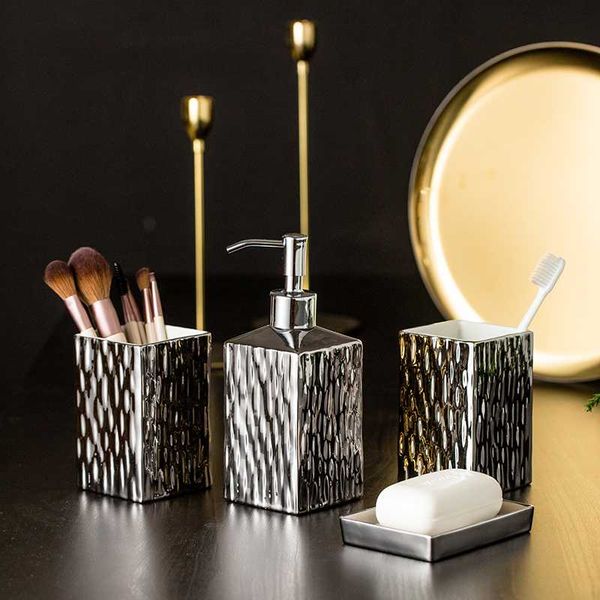 

bath accessory set 5pcs simple luxury ceramic golden bathroom three-piece accessories silver high-end lotion bottle brushing cup soap dish