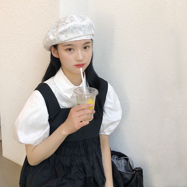 

oloey summer new white lace flower beret female korean casual sunscreen sun hat outdoor travel cap solid dome soft fashion boina, Blue;gray