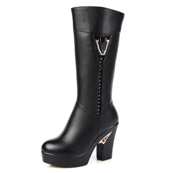 

women black knee high boots genuine leather long boots 2020 autumn winter ladies fashion warm chunky heel work snow shoes