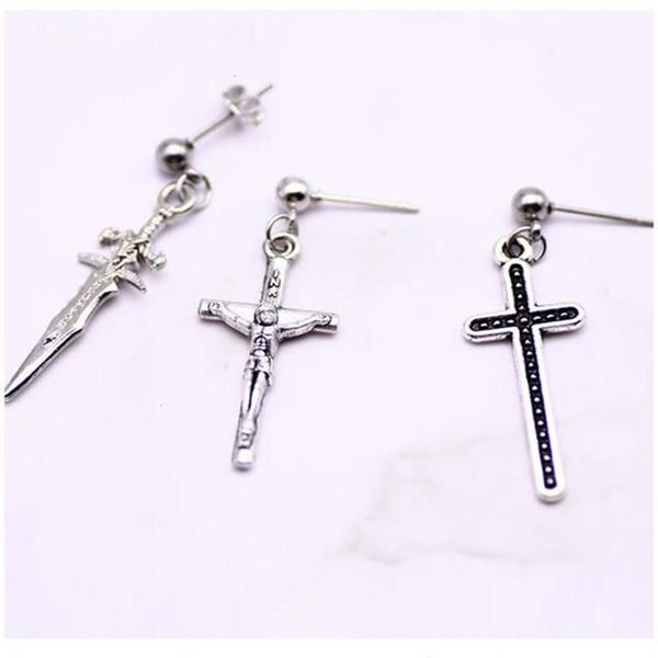 

onstall fashion personality circle round cross earrings for men drop earrings punk rock style male men jewelry boys, Silver