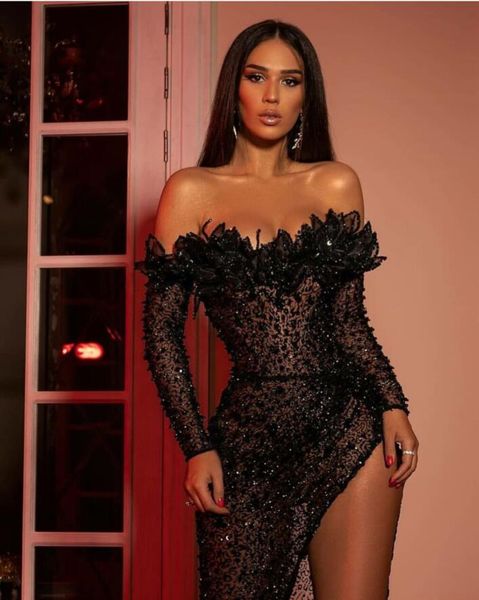 

new spring evening dress yousef aljasmi a-line black lace crystal long dress off shoulder, Black;pink