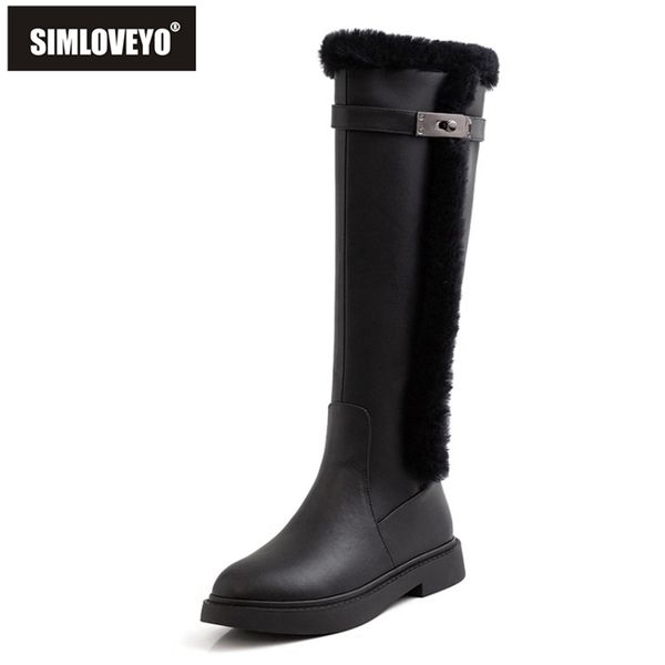 

simloveyo дамы зима теплая пушистая колено сапоги круглый toe низкий площади каблуки корова спилка zipper большой размер 33-40 свободное b18, Black