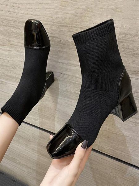 

shoes boots women new 2020 booties ladies luxury designer high heel autumn rubber fashion ankle square toe rome pu, Black