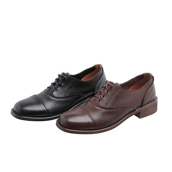 

spring new england vintage genuine leather shoes 2020 female lace-up brogue shoes ladies dress flats single casual flats, Black