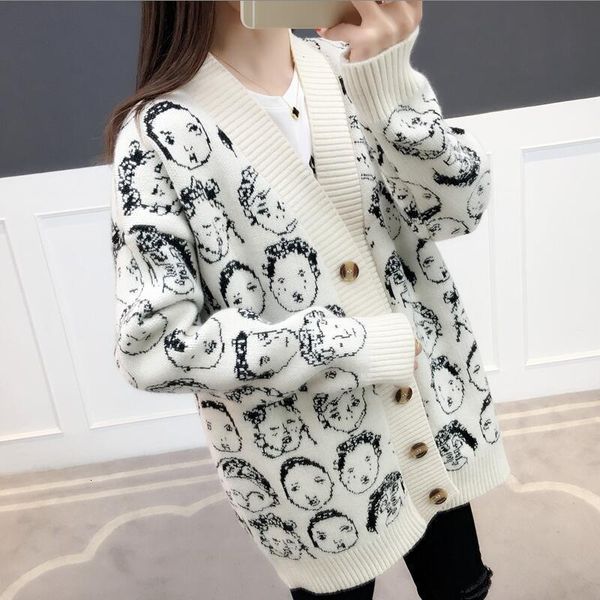 

new autumn winter knit sweater harajuku casual women sweater v-neck cartoon character cardigans button single breasted, White;black
