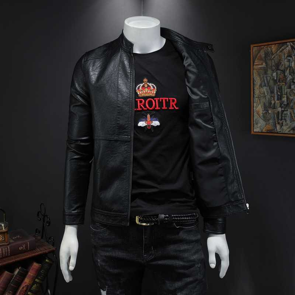 

quality leather motorcycle high pu material men zipper men's jacket, Black