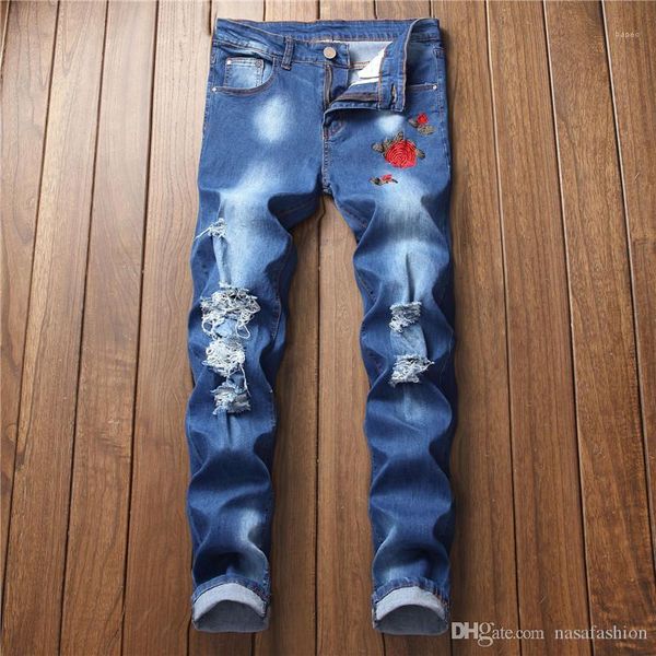 

вышивка винтажные джинсы мода мужская мытый zipper джинсы мужские дизайнерские рваные брюки карандаш mens, Blue