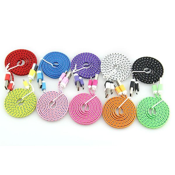 

10ft 6ft 3ft noodle flat braid charging cord sync fabric micro wire usb data woven cable for android mobile phone 100pcs