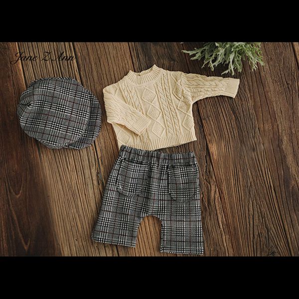 

jane z ann newborn baby p props handmade vintage twist sweater+plaid pants +hat baby 3pcs gentlemen set shower gift, Yellow