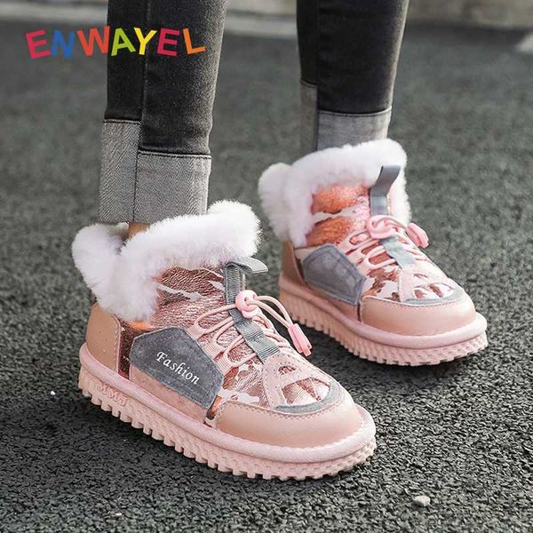 

enwayel 2020 fashion children winter snow boots kids shoes for girls boys leather ankle with fur plush warm children' girl shoe, Black;grey