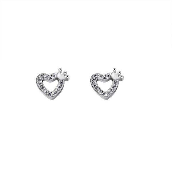 

tiny small love heart princess crown stud earrings for women with clear cubic zirconia korean style kids jewelry minimalist, Golden;silver