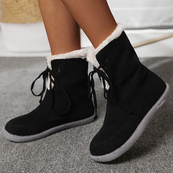 

ladies winter snow boots plush warm fashion lace up ankle boots sewing roung toe casua female flats shoes casual women mid, Black