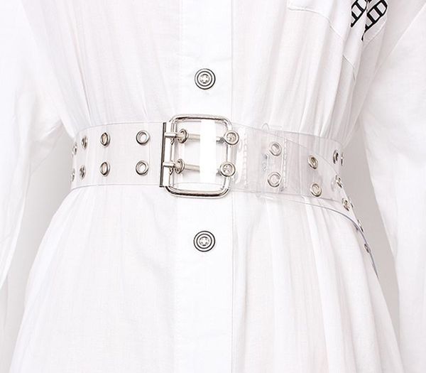 

lfmb]two row pvc clear belt for women fashion pin buckle female white waist trousers transparent belts ladies jeans grom cx200722, Black;brown