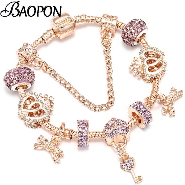 

key & lock pendant charm bracelet gold heart bowknot cz glass beads fine bracelets & bangles for women fashion diy jewelry, Golden;silver