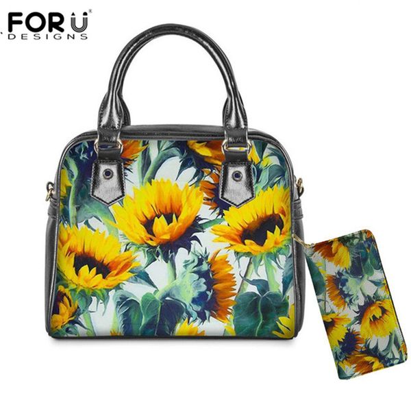 

forudesigns summer floral sunflower pattern women 2pcs handbag&purse set ladies casual tote pu shoulder/messager handle bags