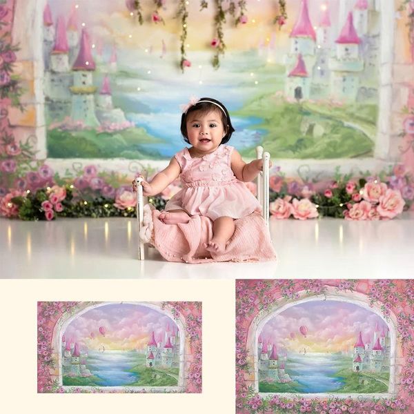 

background material outside of window-baby girls portrait backdrops hand painted floral window castle art pography backdrop