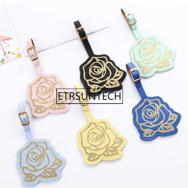 

party favor 100pcs 6 colors travel accessories gold stamp rose luggage tag pu suitcase id addres holder baggage boarding