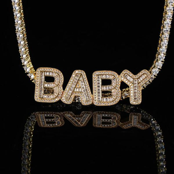 

hip hop new micro inlaid zircon paved bling out rock candy baguette letter stitching combination pendant necklace, Silver