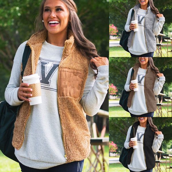 

women's vests winter 2021 warm plush jacket vest wear grey black brown light coffee lapel for woman, Black;white