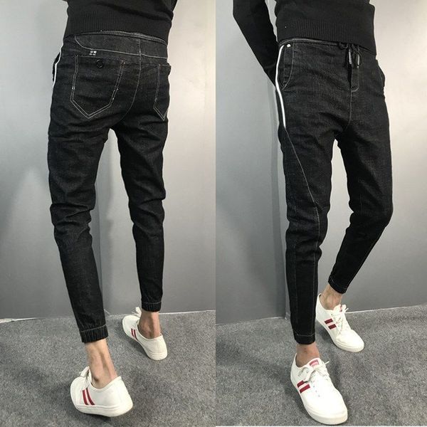 

idopy men`s harem jeans slim fit drawstring elastic waist fashion korean joggers denim pants trousers for male, Blue
