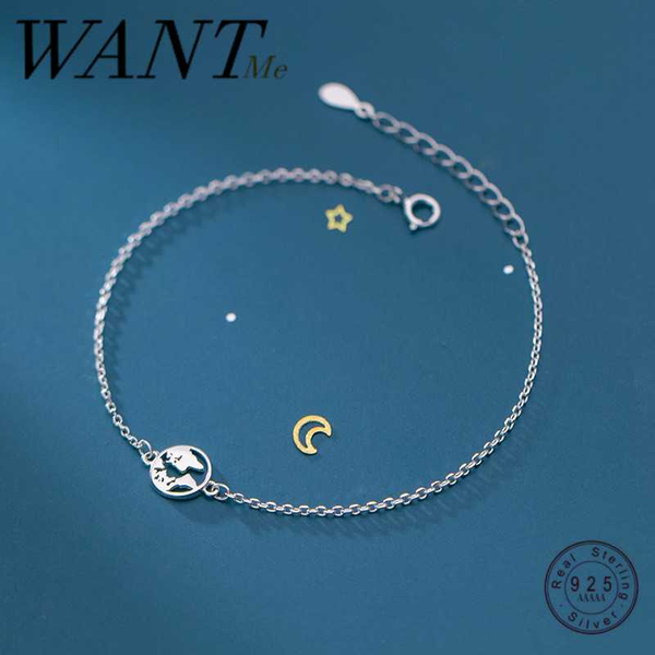 

wantme real 925 sterling silver chain link globe bracelet for women charm travel jewelry gift wanderlust earth bangles, Golden;silver