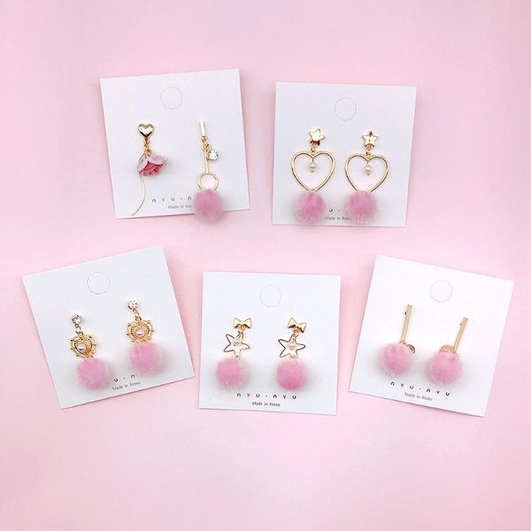 

dangle & chandelier korean fashion pink heart plush ball drop earrings for women round student statement pompom jewelry gift, Silver