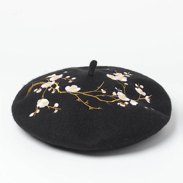 

beret hat women wool solid color beret embroidery retro hat retro plain warm elegant ladies winter, Blue;gray